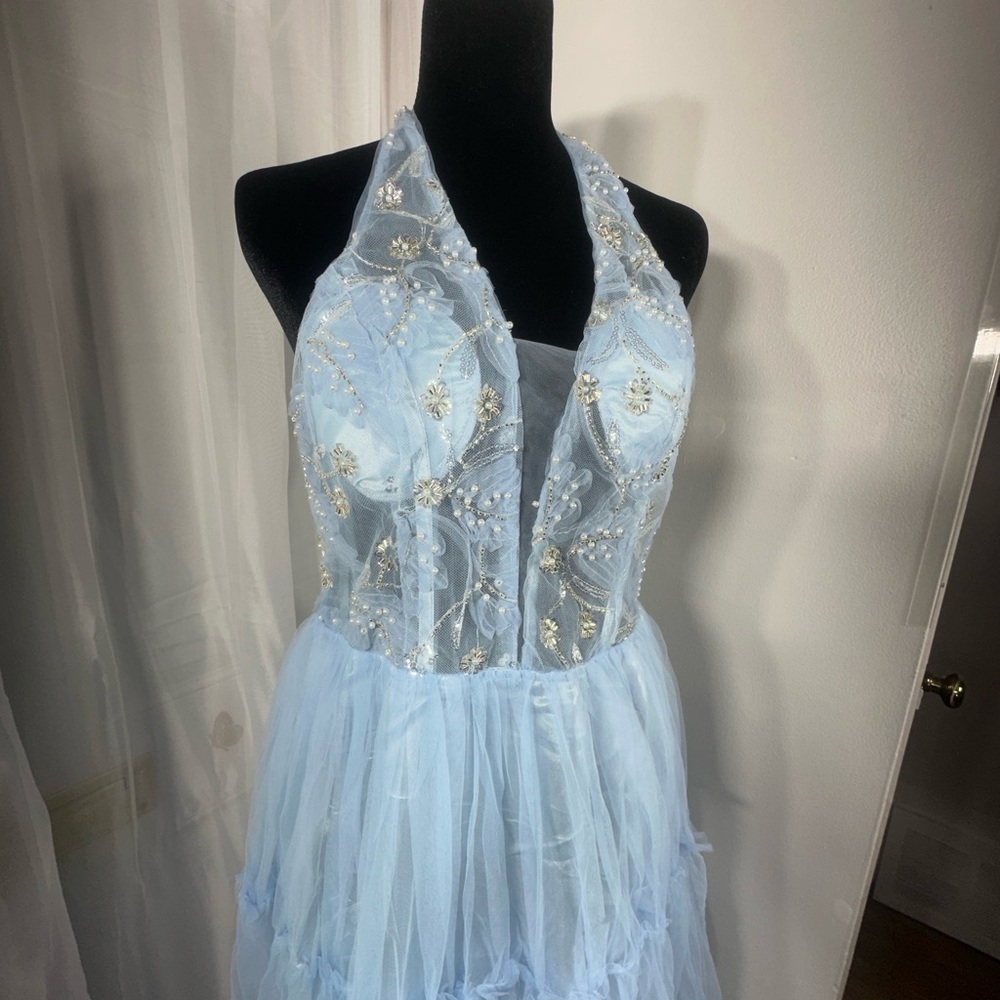 Elegant Baby Blue Fairytale Beaded Halter Prom Dress - Picture 3 of 15